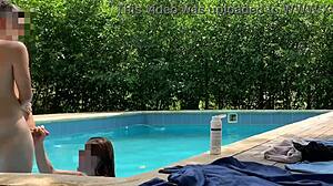 Natasha And Megan Tan Outdoors While The Lucky Guy Cleans The Pool, Then Swim Naked With Him