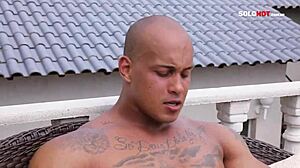 Look at this bodybuilder stroking his monster cock solo. He's cumming hard!