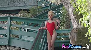 Blonde teen Braylin Bailey poses naked in outdoor lingerie