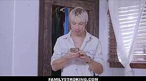 Petite blonde stepdaughter strokes stepdad and stepbrother