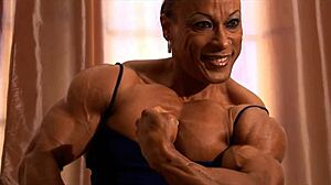 Muscular women flex biceps suggestively