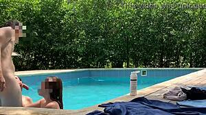 Natasha And Megan Tan Outdoors While The Lucky Guy Cleans The Pool, Then Swim Naked With Him