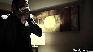 Innocent teen 18+ babysitter wakes to boss jerking off over her body.