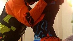 This gay dude gives a motocross blowjob in fetish costumes.