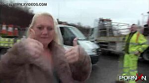 Mature Blonde Babe Exposes Her Natural Tits and Pisses in Public Streets.