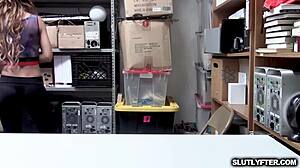 kitty carrera gives deep throat blowjob to lp officer in shop before getting fingered