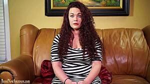 Teen redhead on casting couch masturbates and fucks hard