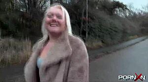 Mature Blonde Babe Exposes Her Natural Tits and Pisses in Public Streets.