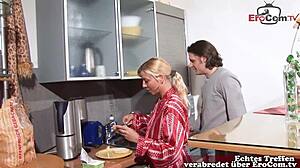 deutsche blonde milf with big tits gets fucked in kitchen