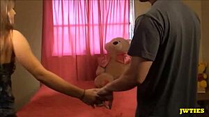 Busty Brunette Babe Jerks Off Guy for Cumshot