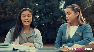 Church girls share secret lesbian desires with shaved pussies and scissoring.