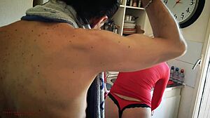 Slutty mother-in-law cleans in lingerie to tease stepson