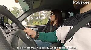 hot blowjob in the car and cheeky pegging in a public place bitch moans