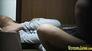 Asian fingerbangs hairy pussy in public outdoor solo for orgasm