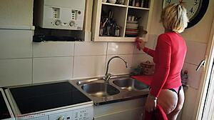 Slutty mother-in-law cleans in lingerie to tease stepson