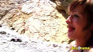 Zoe Nil's flat chested body gets cum on face outdoors