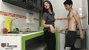 Skinny Latina teen with small tits gets her tight pussy pounded in kitchen