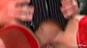 Stacey Saran, the pierced clit cougar in lingerie, gets roughly fucked doggystyle by a monster cock