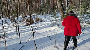 Chubby hottie feels intense pleasure in snowy woods