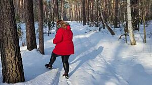 Chubby hottie feels intense pleasure in snowy woods