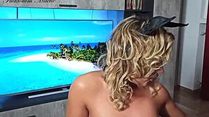 blonde gives joi, masturbates anal and pussy, convulses in orgasm