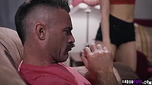 Jane Wilde seduces Charles Dera, dropping to her knees to suck his big cock