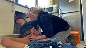 does the hot wife suck the plumber's monster cock in the kitchen with cum in mouth?