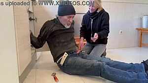 does the hot wife suck the plumber's monster cock in the kitchen with cum in mouth?