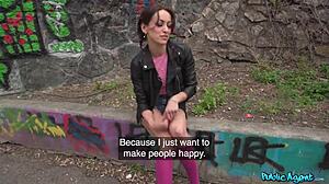 Hot brunette Jade Amor performs in a street scene with Martin for a video on Fakehub