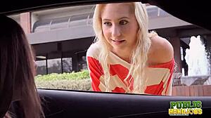 Blonde teen gives handjob in public park for casting audition.