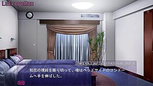 Bold hentai scene with Hiroto hearing wife's voice from the wall