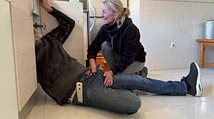 does the hot wife suck the plumber's monster cock in the kitchen with cum in mouth?