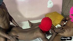 Intensely sharing one twink between two massive black cocks in anal action