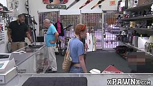 Little redhead temptress seduces and fucks hard in hidden pawnshop cam