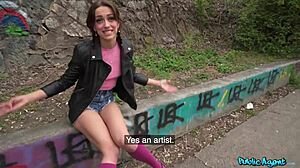 Hot brunette Jade Amor performs in a street scene with Martin for a video on Fakehub