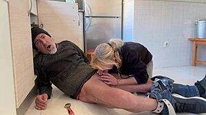does the hot wife suck the plumber's monster cock in the kitchen with cum in mouth?