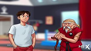 summertime saga features mature woman in yoga pose.