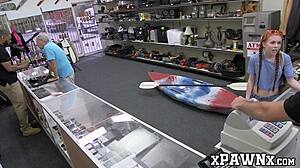 Little redhead temptress seduces and fucks hard in hidden pawnshop cam