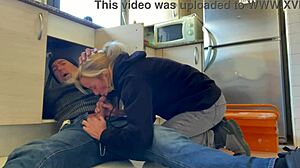 does the hot wife suck the plumber's monster cock in the kitchen with cum in mouth?