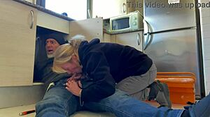 does the hot wife suck the plumber's monster cock in the kitchen with cum in mouth?