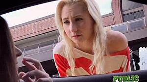 Blonde teen gives handjob in public park for casting audition.