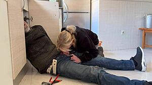 does the hot wife suck the plumber's monster cock in the kitchen with cum in mouth?