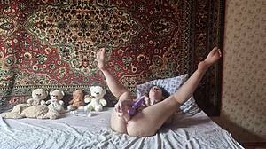 Russian girl in nylon fucks pussy with huge dildo and vibrator.