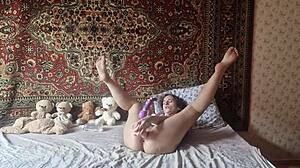 Russian girl in nylon fucks pussy with huge dildo and vibrator.