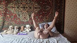 Russian girl in nylon fucks pussy with huge dildo and vibrator.