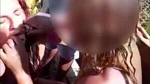 African mature milf Melissa Devassa bends over for doggystyle blowjob in 3some party