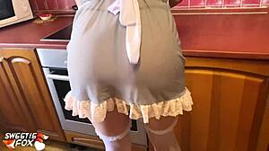 i'm in fox maid cosplay, enjoying a homemade scene in the kitchen.