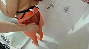 Skinny latina stepsister Mafer bent over in shower, pussy sucked and fucked with pantyhose on.