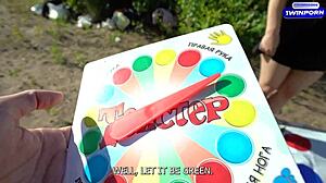 I challenged them to a twister strip game for double blowjobs in the forest