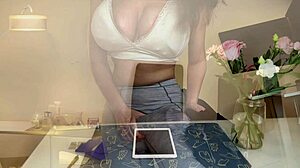 stepmother cums hard in pants when caught by stepson in office